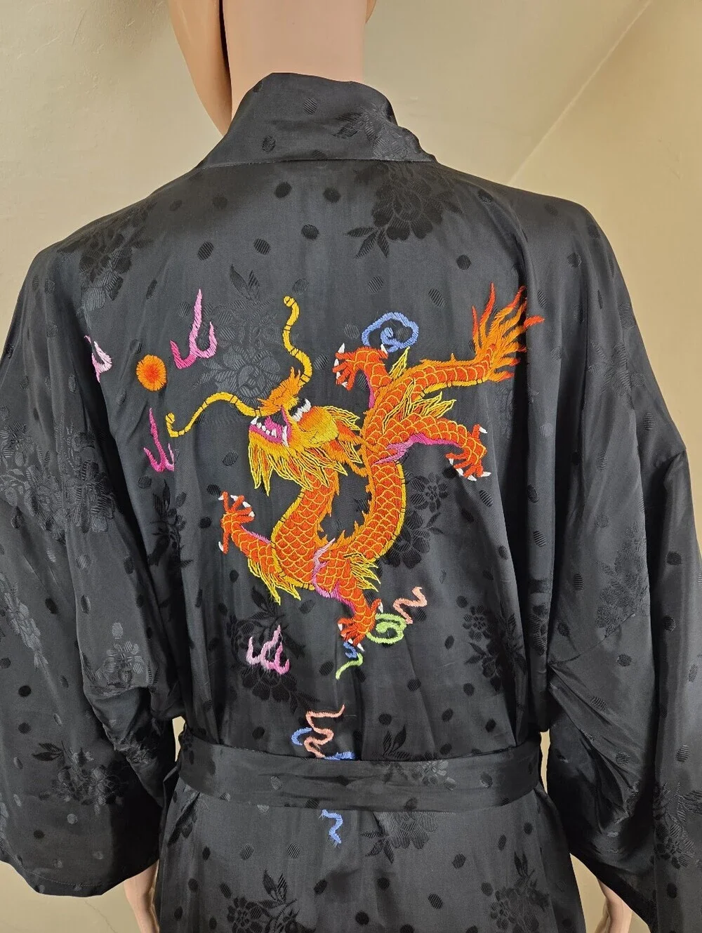 Golden Bee‎ Black Dragon Embroidered Rayon Kimono Robe Sz L Floral Jacquard Long